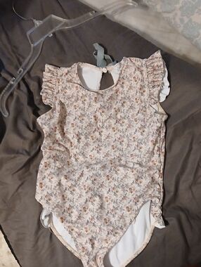 Floral Ruffle Sleeve One-Piece Swimsuit - Pink/Beige
